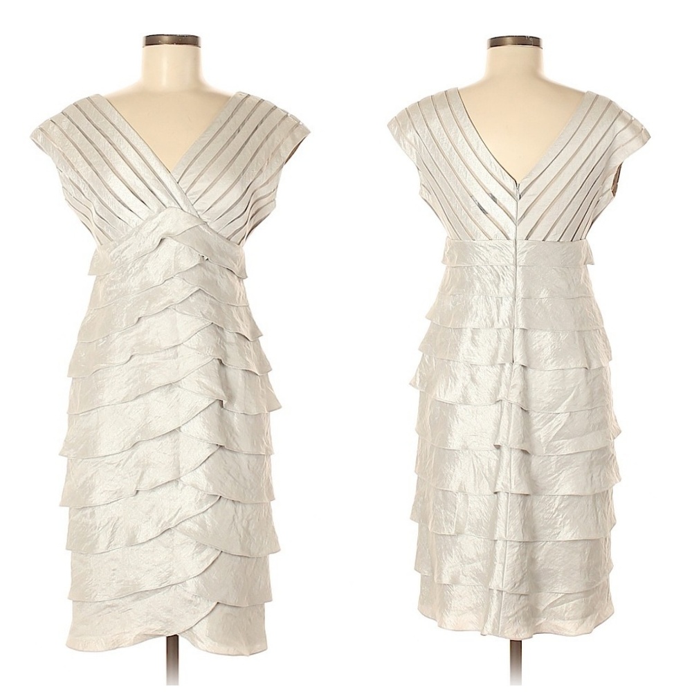 Adrianna Papell Luminous Silver Tiered Cocktail Dress Size 8 - Timeless Classic